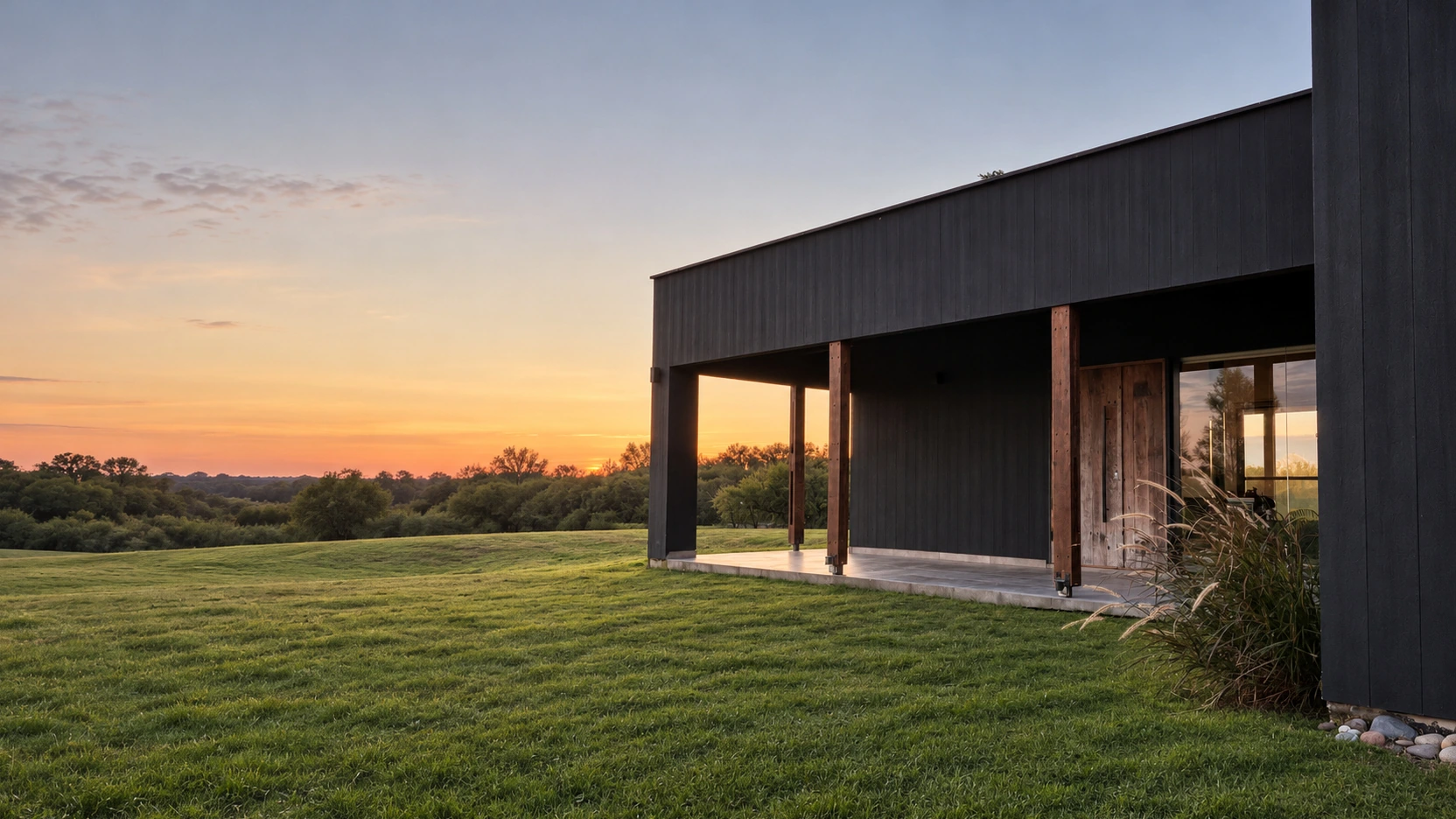 Paranacito: fachada y galería junto al paisaje, con césped verde al atardecer