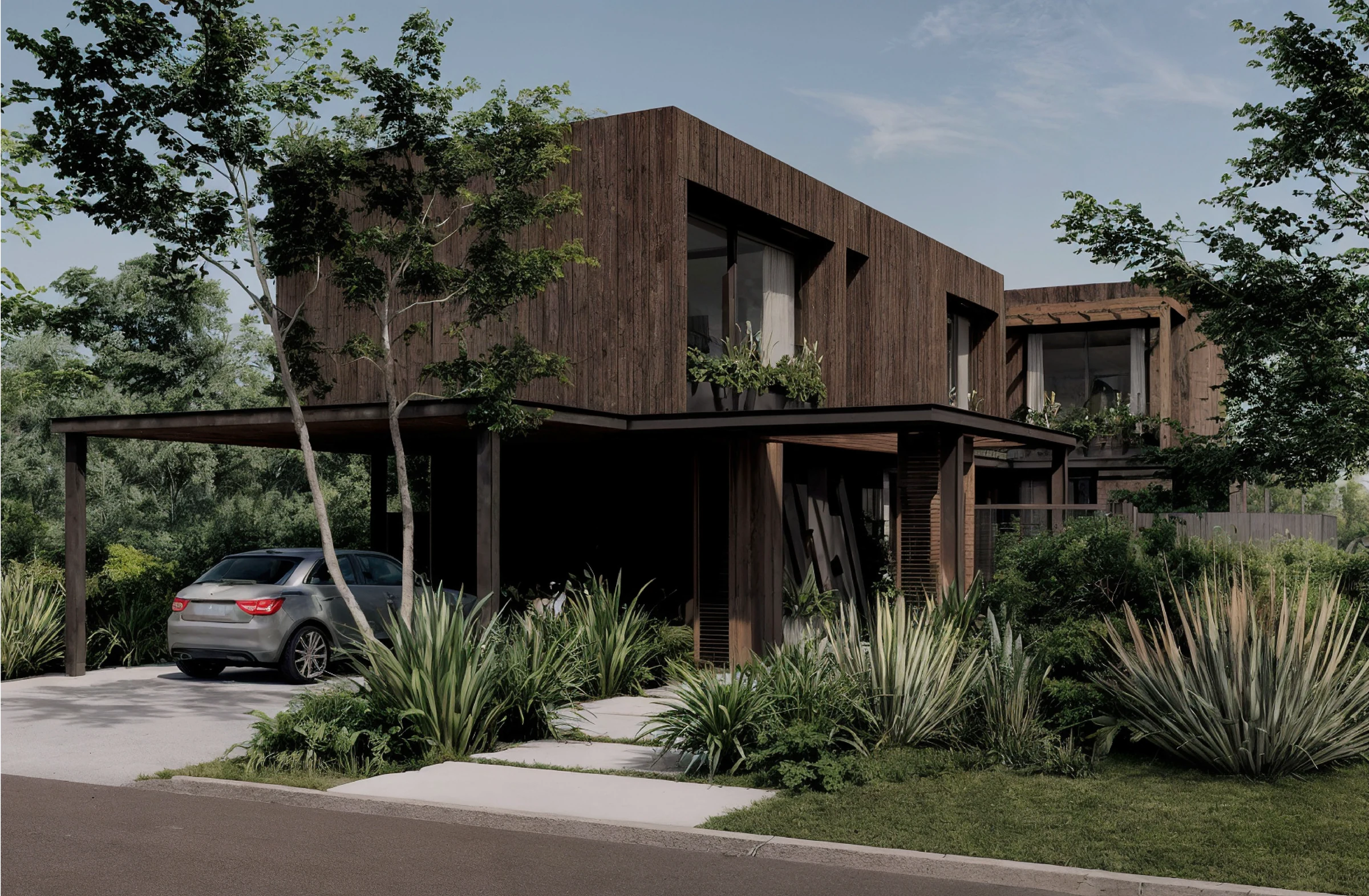 Talar oculto: fachada de madera con vegetación y acceso semicubierto